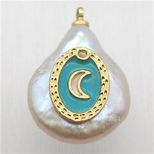 Natural pearl pendant with moon, approx 10-16mm [GM12998]