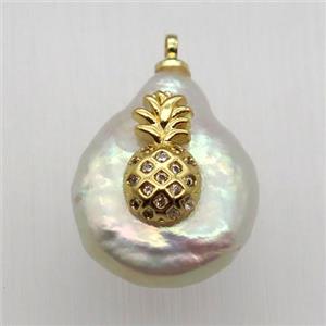 Natural pearl pendant with zircon, pineapple, approx 10-16mm [GM13006]