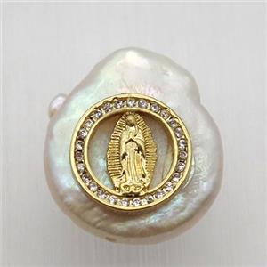 Natural pearl pendant with zircon, jesus, approx 10-16mm [GM13007]