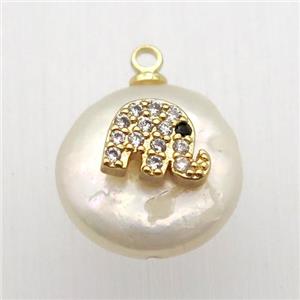 Natural pearl pendant with zircon, elephant, approx 10-16mm [GM13012]