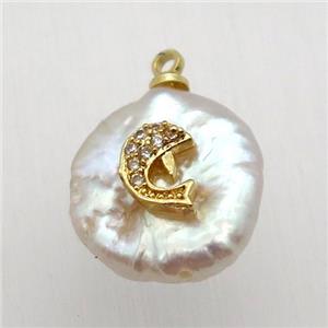Natural pearl pendant with zircon, dolphin, approx 10-16mm [GM13013]