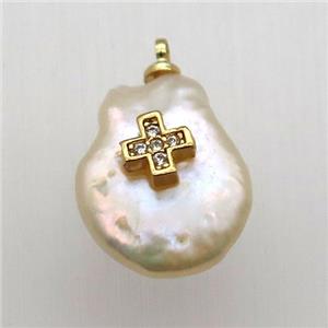 Natural pearl pendant with zircon, cross, approx 10-16mm [GM13014]