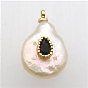 Natural pearl pendant with zircon, teardrop, approx 10-16mm [GM13018]