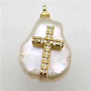 Natural pearl pendant with zircon, cross, approx 10-16mm [GM13019]