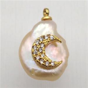Natural pearl pendant with zircon, moon, approx 10-16mm [GM13021]