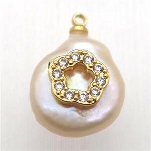 Natural pearl pendant with zircon, flower, approx 10-16mm [GM13022]