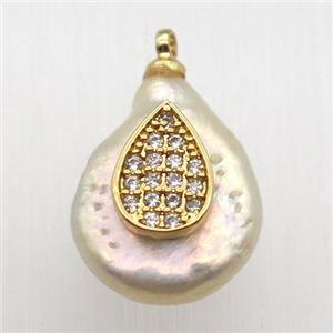 Natural pearl pendant with zircon, teardrop, approx 10-16mm [GM13024]