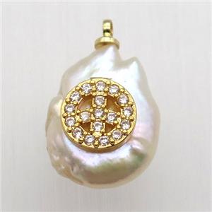 Natural pearl pendant with zircon, peace sign, approx 10-16mm [GM13026]