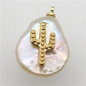 Natural pearl pendant with zircon, cacutus, approx 10-16mm [GM13028]