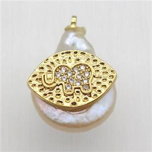 Natural pearl pendant with zircon, elephant, approx 10-16mm [GM13029]