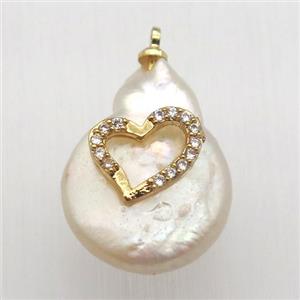 Natural pearl pendant with zircon, heart, approx 10-16mm [GM13030]