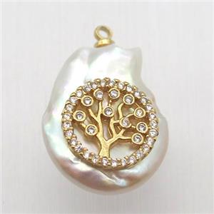Natural pearl pendant with zircon, tree of life, approx 10-16mm [GM13031]