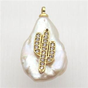 Natural pearl pendant with zircon, cacutus, approx 10-16mm [GM13032]