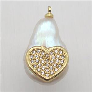 Natural pearl pendant with zircon, heart, approx 10-16mm [GM13033]