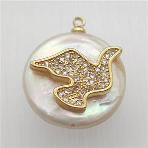 Natural pearl pendant with zircon, bird, approx 18mm dia [GM13034]