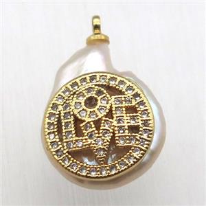 Natural pearl pendant with zircon, LOVE, approx 10-16mm [GM13037]