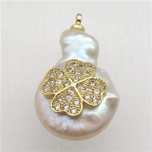 Natural pearl pendant with zircon, clover, approx 10-16mm [GM13038]