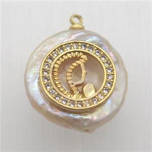 Natural pearl pendant with zircon, approx 18mm dia [GM13039]
