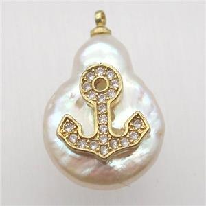 Natural pearl pendant with zircon, anchor, approx 10-16mm [GM13040]