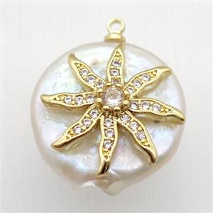 Natural pearl pendant with zircon, flower, approx 18mm dia [GM13046]