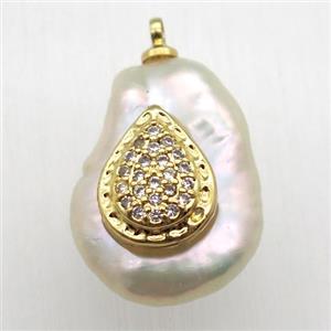 Natural pearl pendant with zircon, teardrop, approx 10-16mm [GM13047]