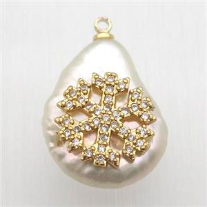 Natural pearl pendant with zircon, snowflake, approx 10-16mm [GM13049]