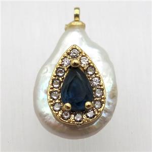 Natural pearl pendant with zircon, teardrop, approx 10-16mm [GM13054]