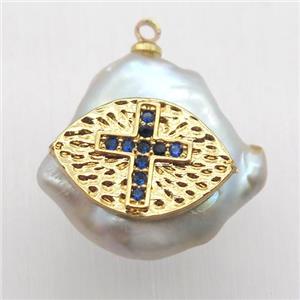 Natural pearl pendant with zircon, cross, approx 10-16mm [GM13055]