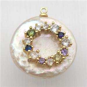 Natural pearl pendant with zircon, wreath, approx 18mm dia [GM13056]