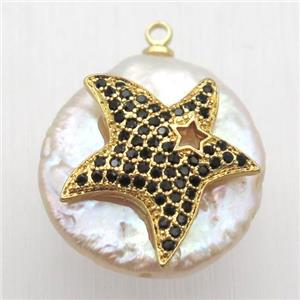 Natural pearl pendant with zircon, starfish, approx 18mm dia [GM13058]
