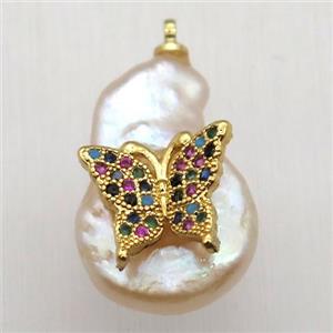 Natural pearl pendant with zircon, butterfly, approx 10-16mm [GM13060]