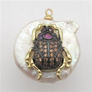 Natural pearl pendant with zircon, beetle, approx 18mm dia [GM13061]
