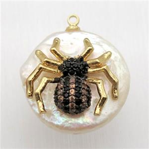 Natural pearl pendant with zircon, spider, approx 18mm dia [GM13063]