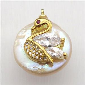 Natural pearl pendant with zircon, swan, approx 18mm dia [GM13065]