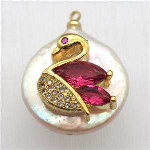 Natural pearl pendant with zircon, swan, approx 18mm dia [GM13066]