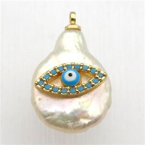 Natural pearl pendant with zircon, evil eye, approx 10-16mm [GM13067]