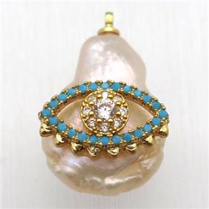 Natural pearl pendant with zircon, eye, approx 10-16mm [GM13068]