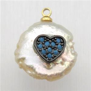 Natural pearl pendant with zircon, heart, approx 10-16mm [GM13072]