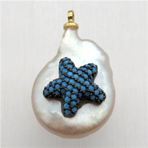Natural pearl pendant with zircon, starfish, approx 10-16mm [GM13073]