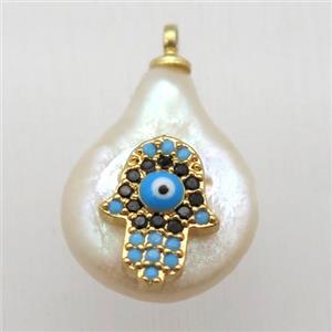 Natural pearl pendant with zircon, hamsahand, approx 10-16mm [GM13074]