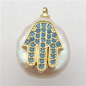 Natural pearl pendant with zircon, hamsahand, approx 10-16mm [GM13075]