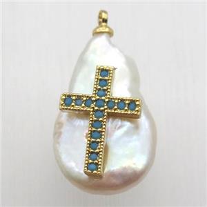 Natural pearl pendant with zircon, cross, approx 10-16mm [GM13077]