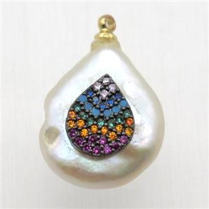 Natural pearl pendant with zircon, teardrop, approx 10-16mm [GM13078]