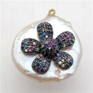 Natural pearl pendant with zircon, flower, approx 18mm dia [GM13079]