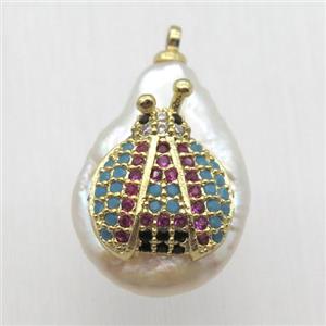 Natural pearl pendant with zircon, Ladybug, approx 10-16mm [GM13082]