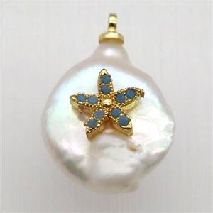 Natural pearl pendant with zircon, flower, approx 10-16mm [GM13084]
