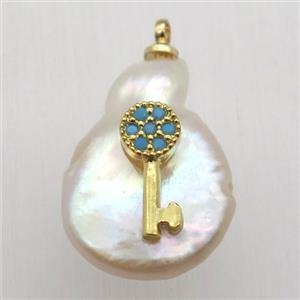 Natural pearl pendant with zircon, key, approx 10-16mm [GM13085]