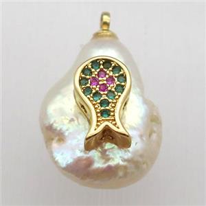 Natural pearl pendant with zircon, dolphin, approx 10-16mm [GM13087]
