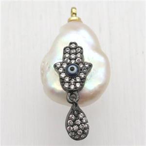Natural pearl pendant with zircon, hamsahand, approx 10-16mm [GM13090]