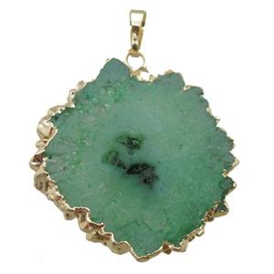 green Solar Quartz Druzy slab pendant, freeform, gold plated, approx 25-40mm [GM13115]